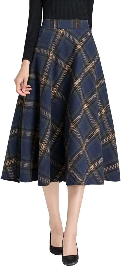 IDEALSANXUN Womens High Elastic Waist Maxi Skirt A-line Plaid Winter Warm Flare Long Skirt (Small, Mid-Calf Navy)