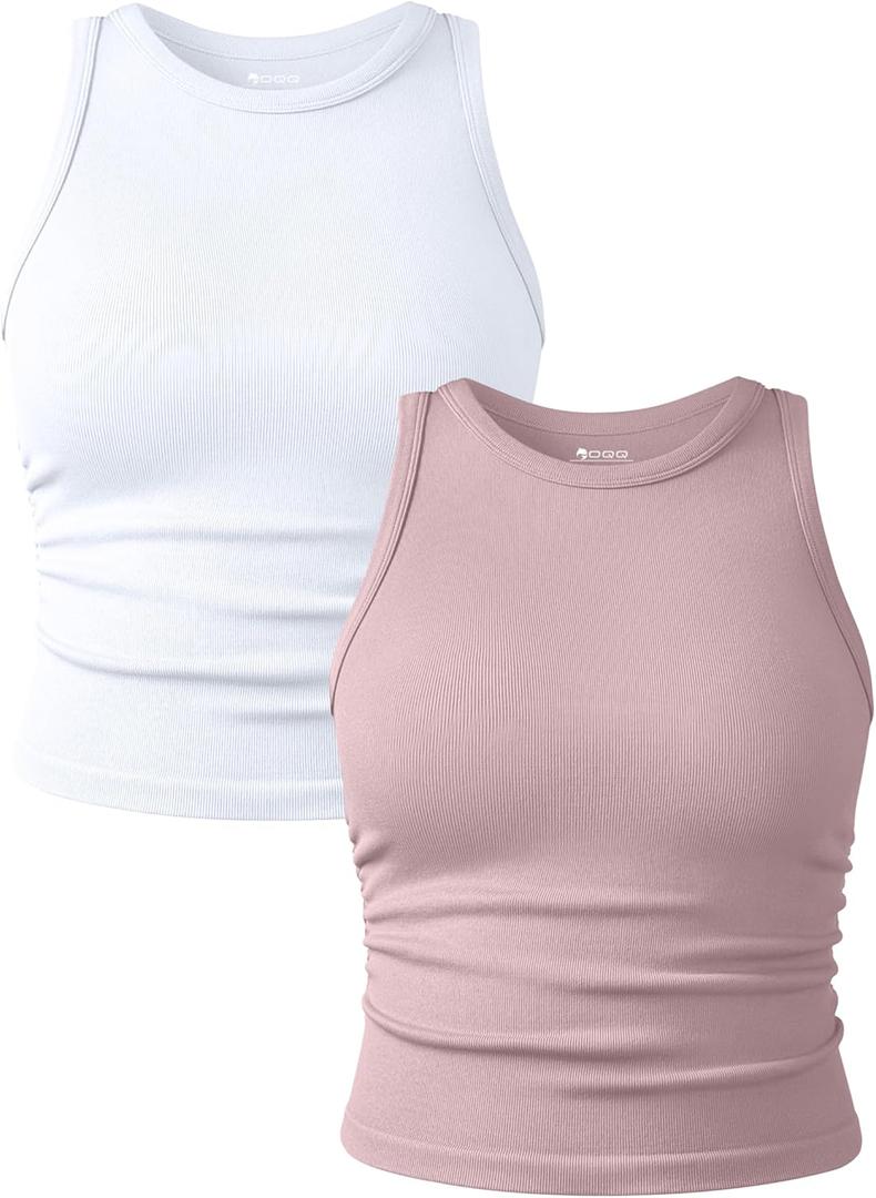 OQQ Women's 2 Piece Tank Tops Crew Neck Sleeveless Basic Stretch Casusal Yoga Crop Camis, Size Medium