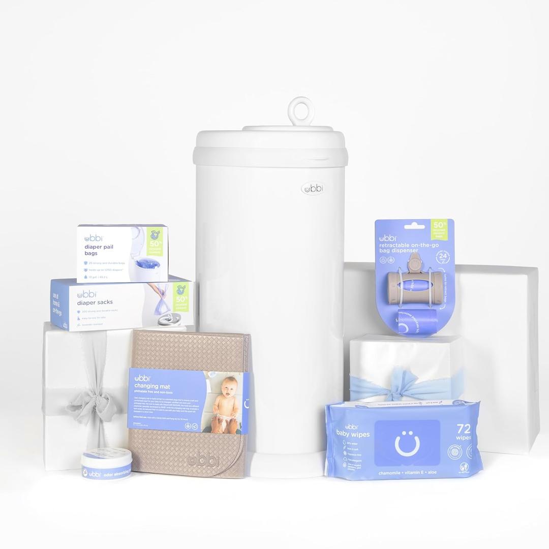 Ubbi Diaper Changing Value Gift Set, Includes White Diaper Pail, Absorbing Gels, Travel Changing Mat, Pail Waste Bags, On-the-Go Waste Sacks & Bag Dispenser, & Baby Wipes, Baby Registry Gift