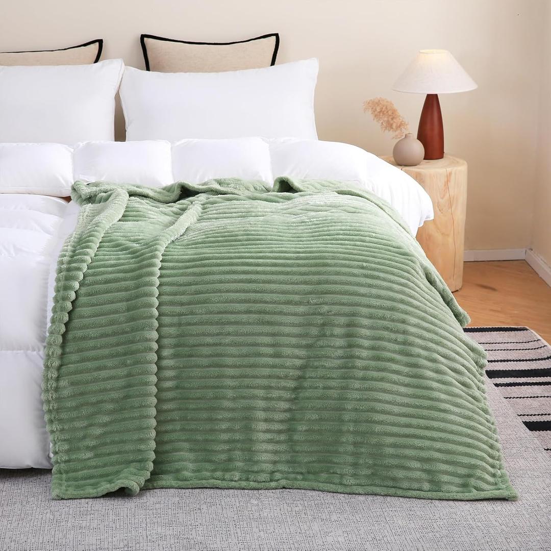 Sage Green Fleece Throw Blanket 50x70 for Couch Sofa Bed,Super Soft Cozy Plush Microfiber Flannel Blanket with Stripes Design Lightweight for Adults,Woman,Girls