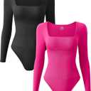 OQQ Women's 2 Piece Bodysuits Sexy Ribbed One Piece Square Neck Long Sleeve Tops (S)