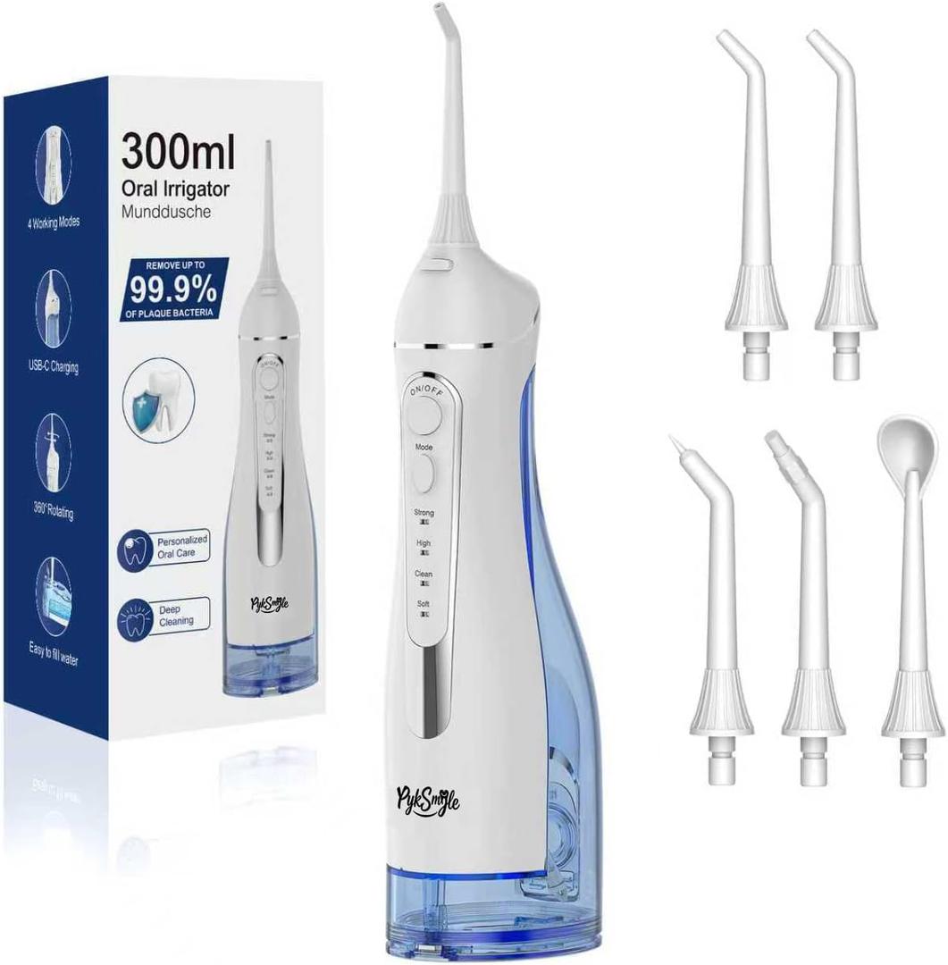 Water Flosser Teeth Pick, Cordless Dental Pick for Travel with 4 Modes & 5 Jet Tips, IPX7 Waterproof Portable & 300ML Larger Tank Rechargeable Oral Irrigator