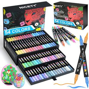 NICETY 54 Colors Acrylic Paint Markers  Dual Tip Acrylic Paint Pens with 15mm Brush Tip & 1mm Fine Tip  Water-Based Non-Bleed Paint Markers for Rock, Wood, Glass, Metal, Fabric, Ceramic, Canvas