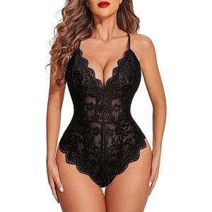 Avidlove Sexy Lingerie for Women Deep V Teddy Sheer Lace Bodysuit Snap Crotch One Piece Babydoll, Black, Size XXL