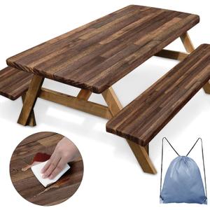 Picnic Table Cover with Bench Covers Elastic Edges, Brown Wood Fitted Table Cover, Outdoor Patio Camping Essentials 72 Inch 3PCS, Waterproof Camping Fitted Tablecloth with Drawstring Bag