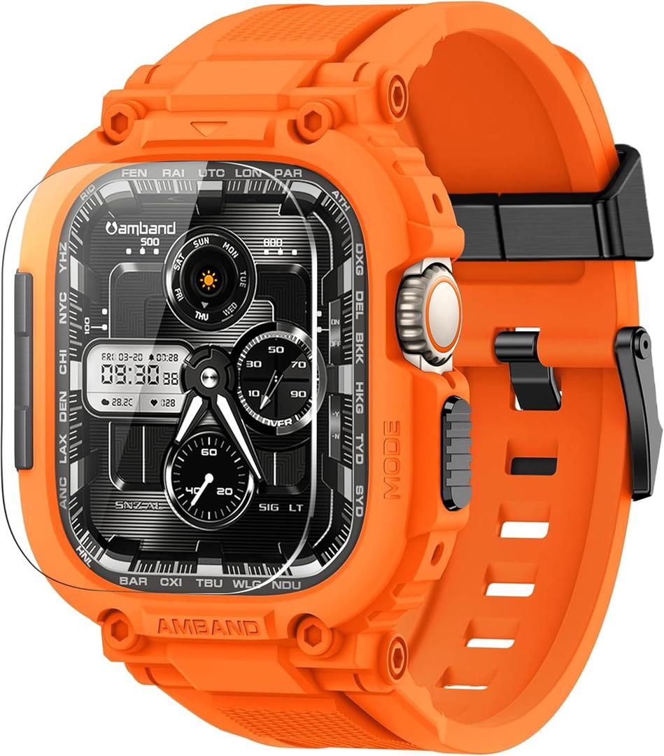 amBand M1 Sport Case Band for Apple Watch Ultra 3/2/1 & SE 3/2/1 & Series 11 10 9 8 7 6 5 4 3 49mm 46mm 45mm 44mm 42mm 41mm 40mm 38mm, Shockproof & Scratch Resistant Rugged Bumper for Men (Orange)