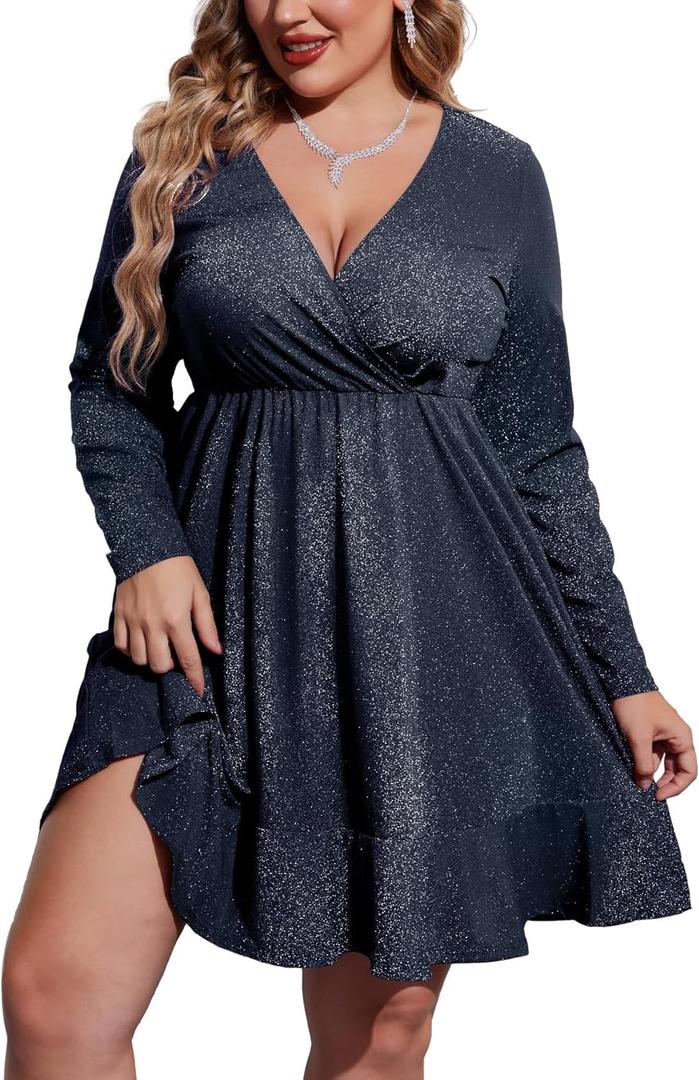 IN'VOLAND Plus Size Womens Glitter Dress V Neck Long Sleeve Ruffle Hem Swing Club Cocktail Party Dresses (Blue2, 24 Plus)