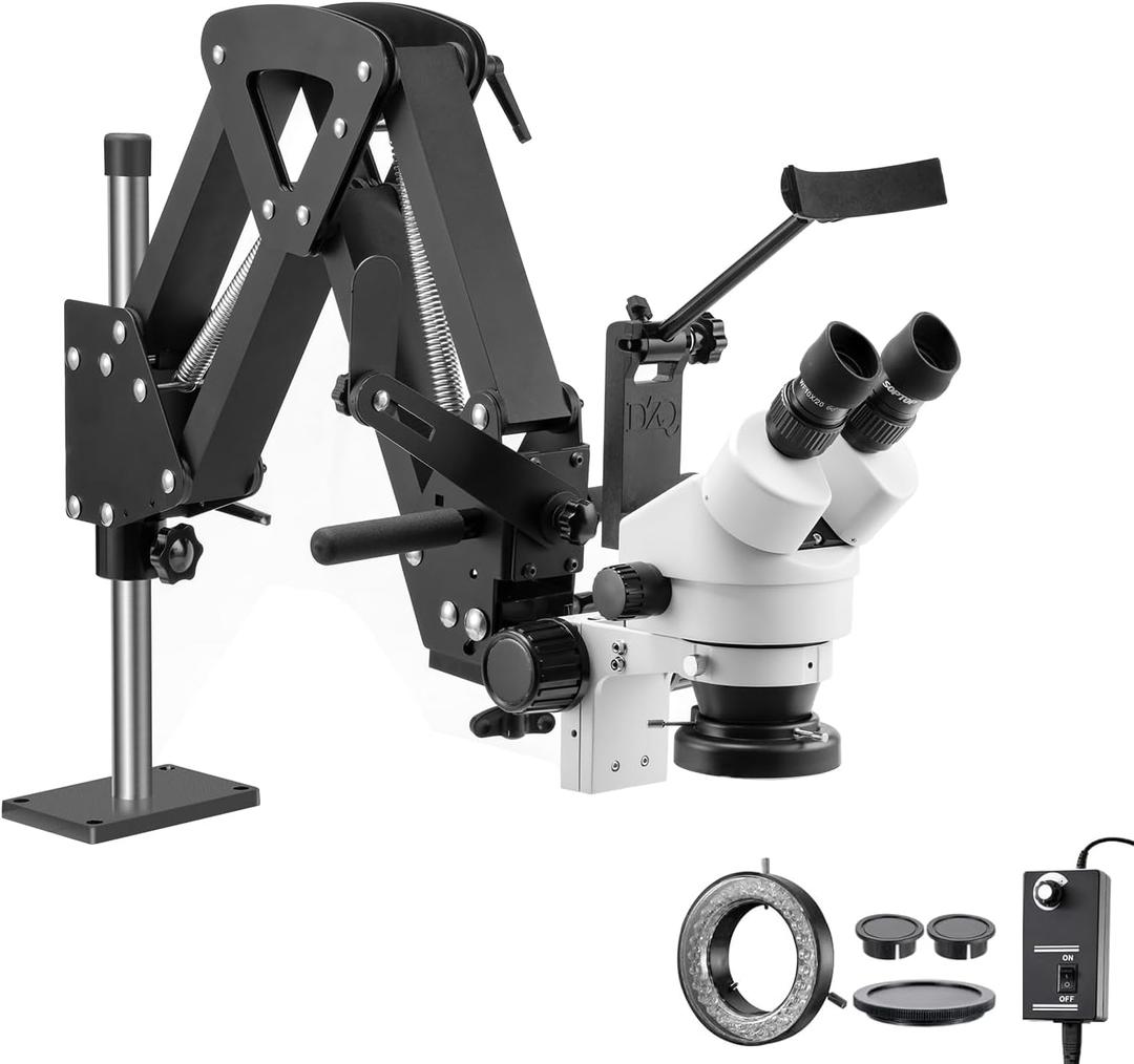 DZQ 7X-45X Jewelry Microscope with Spring Arm Stand, LED Ring Light, Long Working Distance, Stereo Microscope for Micro Inlay, Jewelers Bench Inspection Tool DZQ 7X-45X Jewelry Microscope with Spring Arm Stand, LED Ring Light, Long Working Distance, Stereo Microscope for Micro Inlay, Jewelers Bench Inspection Tool