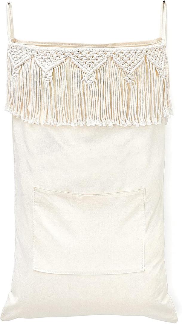 Mkono Macrame Hanging Laundry Hamper with Over The Door Hooks Saving Space Laundry Bag with Zipper and Wide Open Top Boho Decor Hanging Dorm Dirty Clothes Basket, for Bathroom Dorm Home Travel