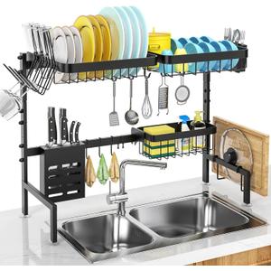 MERRYBOX Over The Sink Dish Drying Rack, 2-Tier Adjustable Length (25.6-33.5in), Stainless Steel Dish Drainer with Cutting Board Holder, Large Dish Rack for Kitchen Counter Organizer Space Saver (Black)