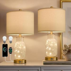 Oneach 22" Glass Table Lamps Set of 2, White Modern Bedside Lamp with LED Night Light for Living Room, Nightstand Lamp with USB Ports for Bedrooms, Study Room, End Table(2 Bulbs Included)