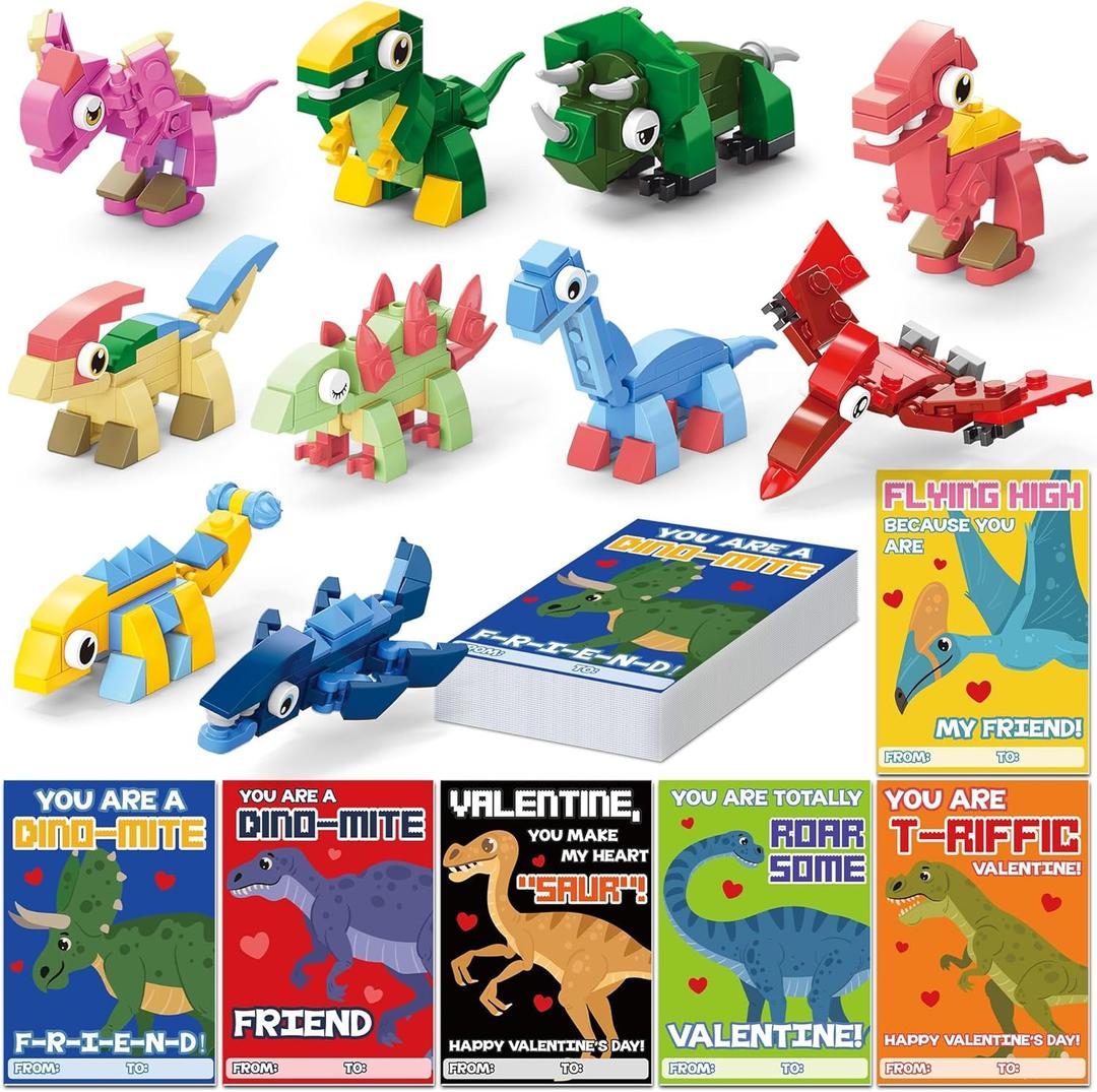 Valentines Day Cards for Kids School  30 PACK Dinosaur Building Block Valentines with Dinosaur Valentine Day Cards for Kids Classroom, Class Valentine's Gifts for Boys & Girls Ages 3–12, 120 PCS