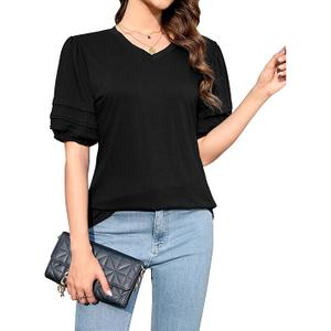 LA BAIESO Puff Sleeve Tops for Women V Neck T Shirts Casual Going Out Summer Tops Puffy Sleeves Blouse Loose Fit Tunic Tops Black Size large