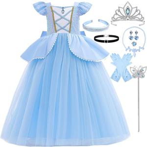 Princess Cinderella Costume for Girls Kids Cosplay Dress Carnival Halloween Party Outfit (Blue)