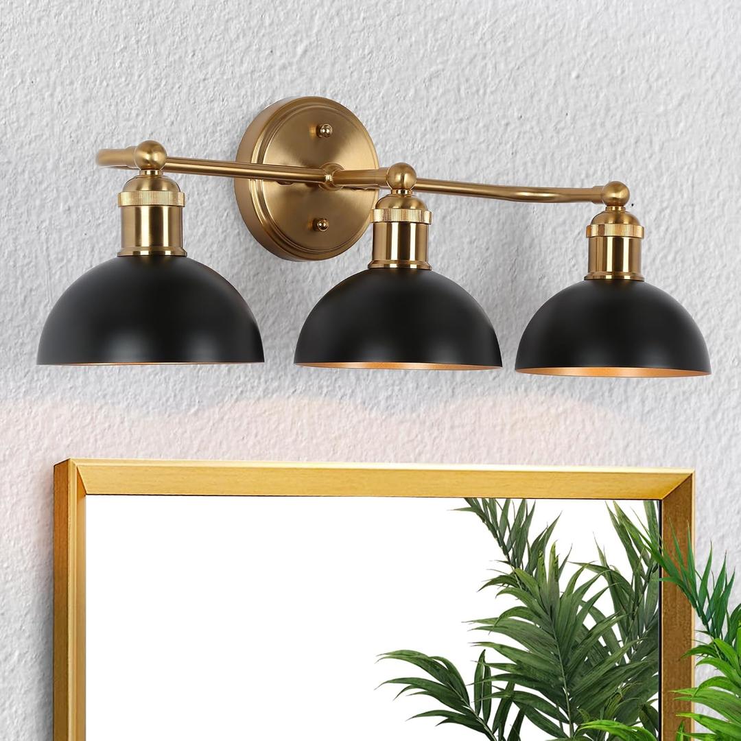 Black Gold Bathroom Light Fixtures, Farmhouse Vanity Lights Over Mirror with Metal Dome Shade, Modern 3-Light Wall Sconces Lighting for Kitchen, Bedroom and Hallway