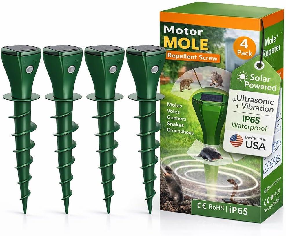 Solar Powered Mole Repellent Stakes, Ultrasonic & Vibration Deterrent for Moles, Gophers & Voles, IP65 Waterproof Outdoor Pest Repeller for Yard, Lawn & Garden, 4 Pack