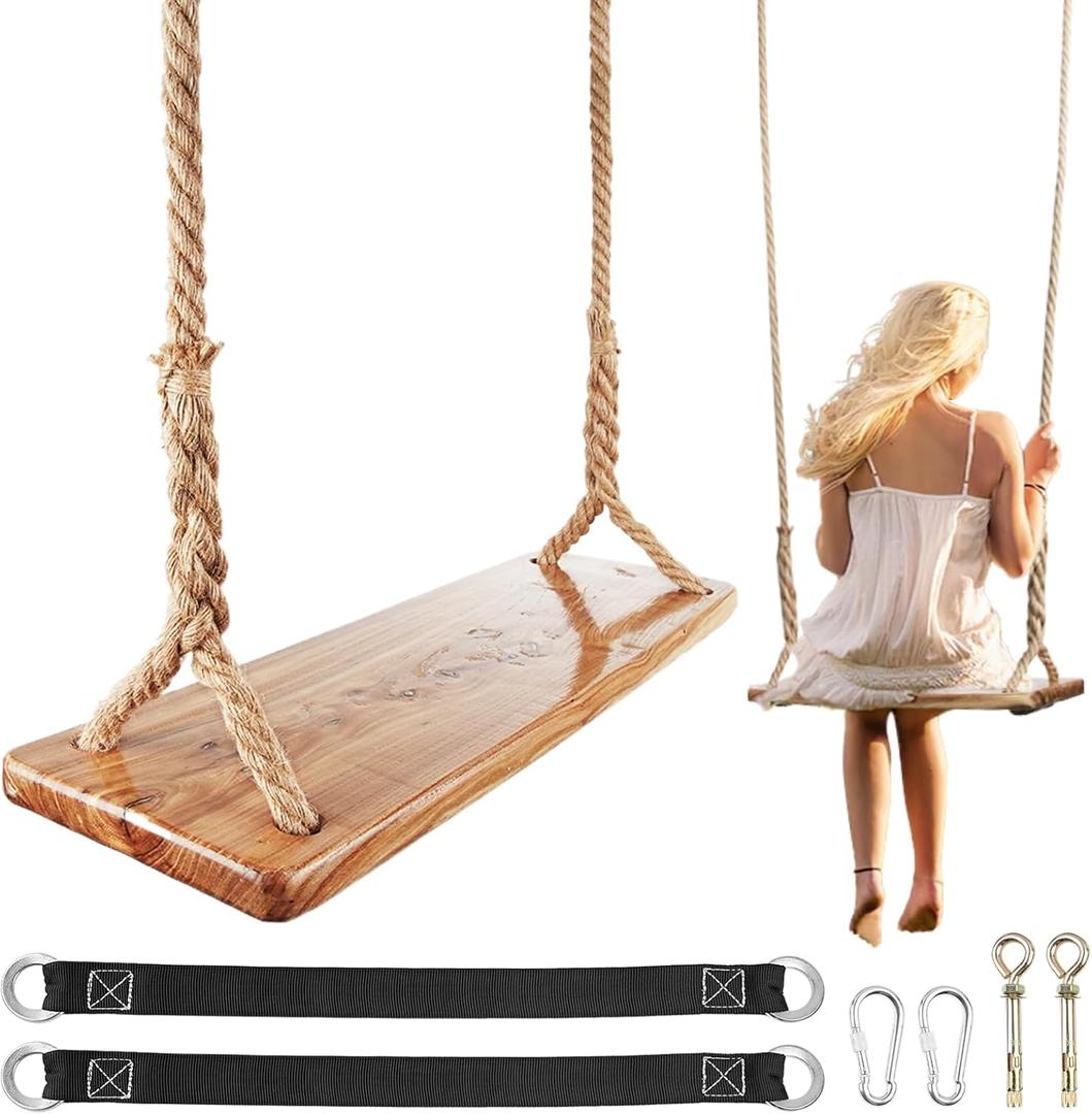 Wooden Tree Swing, 500lbs Load Capacity Heavy-Duty Wooden Swing Seat for Adults & Kids, Adjustable Hemp Rope Tree Straps 118 inch for Backyards Gardens Outdoor