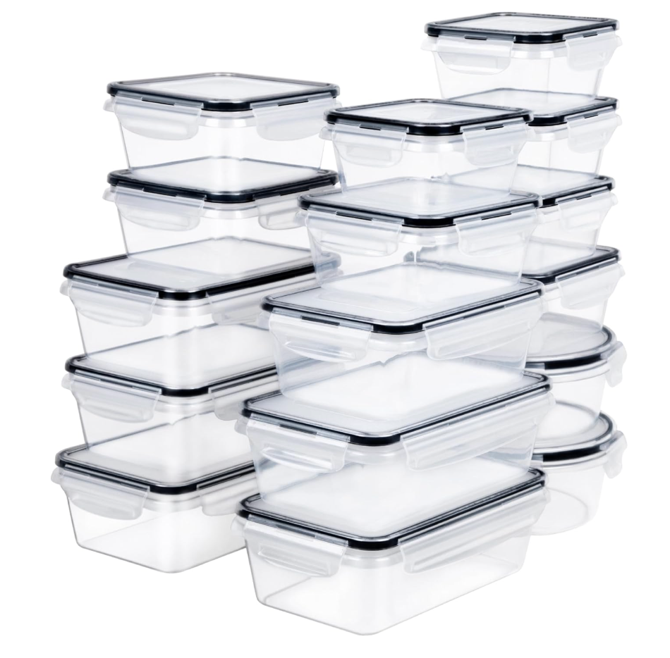 30 Piece Food Storage Container with Lids (15 Containers + 15 Lids) - Plastic Food Containers with Lid, Airtight Leak Proof Snap Lock, BPA Free Storage Containers