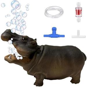 Flitsvuur Fish Tank Bubbler Decorations Aquarium Ornament Kit with Air Stone Pump - Hippo Aquarium Decor (9.8ft Tube)