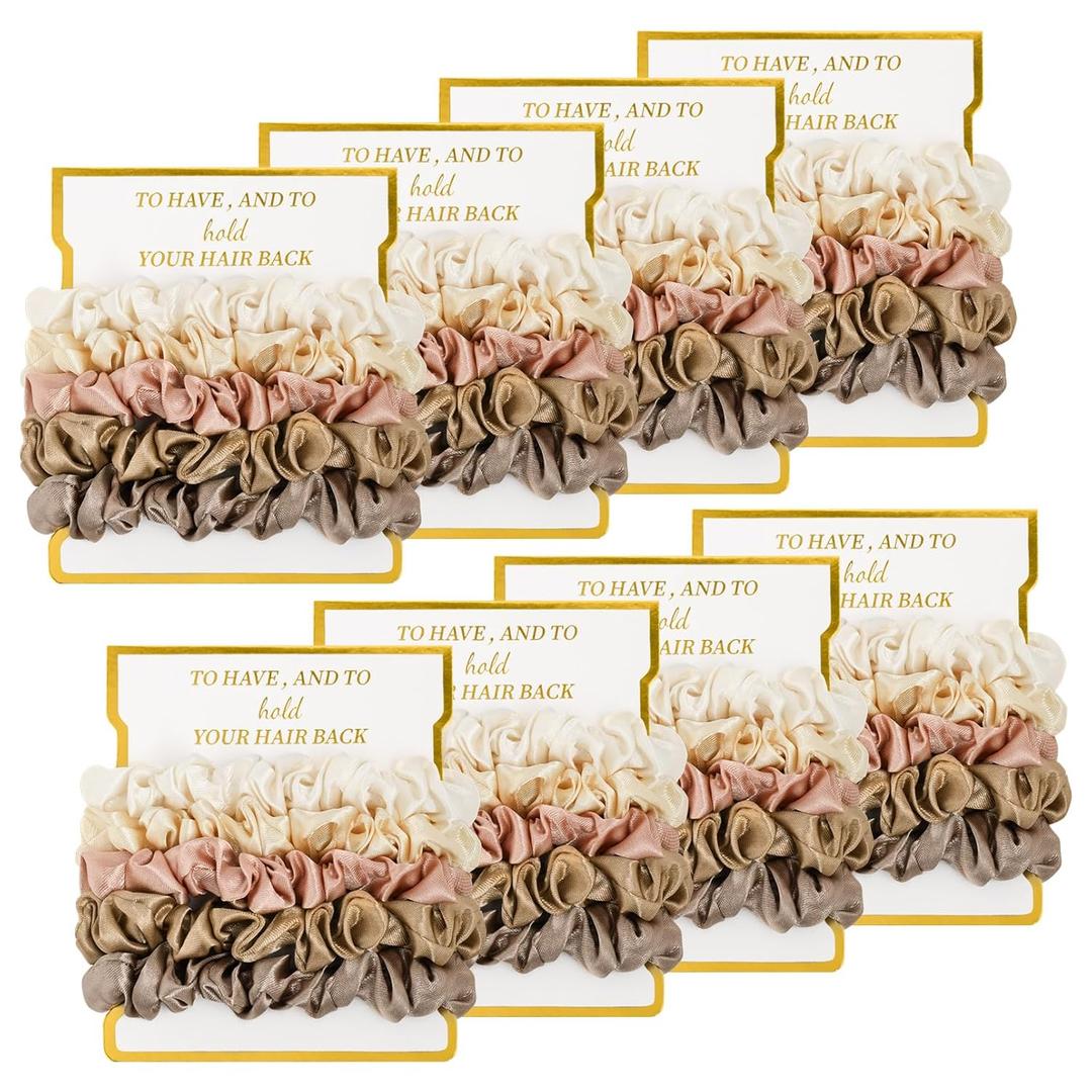 8 Pack Satin Scrunchies - Soft Hair Ties and Bachelorette Party Favors, Hair Accessories for Women's Bridesmaid Proposal (Ivory, Light Gold, Gold, Dusty Pink, Metal Grey)