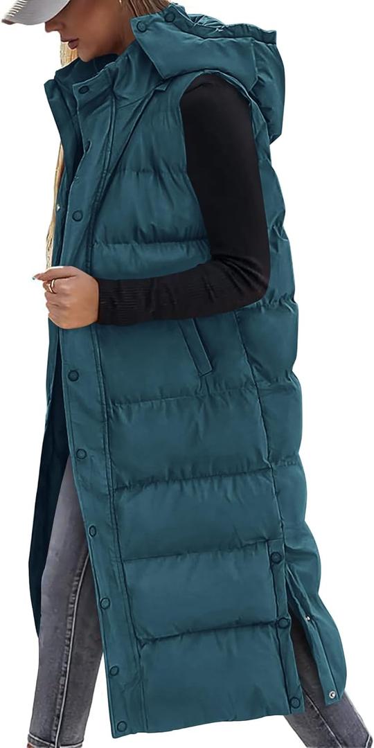 BTFBM Long Puffer Vest Women Quilted Hooded Button Down Zip Up Sleeveless Vests Outerwear Padded Jacket Fall Winter Coat (Large, Grey Blue)