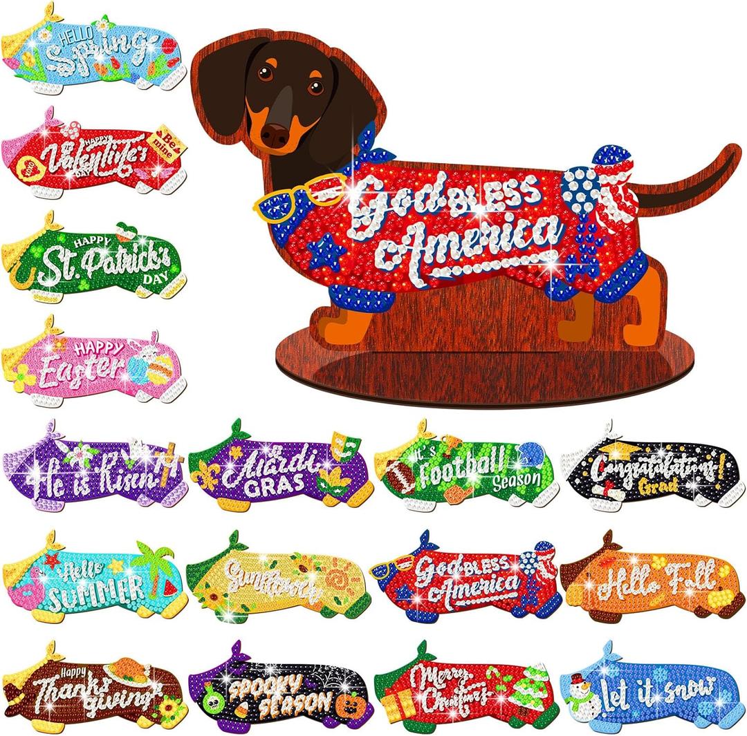 Briwooody 16 Pcs 4th of July Dachshund Diamond Art Kits for Adults - Interchangeable Seasonal & Holiday Decor, Wooden Dachshund Diamond Painting Table Centerpieces for DIY Tiered Tray Home Party