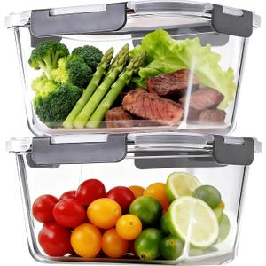 2 Pack Large Glass Food Storage Containers with Lids 85oz/10.5cup Big Airtight Storage Containers for Rotisserie Chicken Meal Prep Leftovers, BPA Free & Leak Proof, Microwave, Oven Safe (gray), 3.6 inches x 2.2 inches