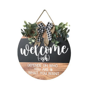 Welcome Sign Front for Door Decoration, 12 in Round Wood Wreaths Wall Hanging Outdoor, Farmhouse, Porch, for Spring Summer Fall All Seasons Holiday Christmas