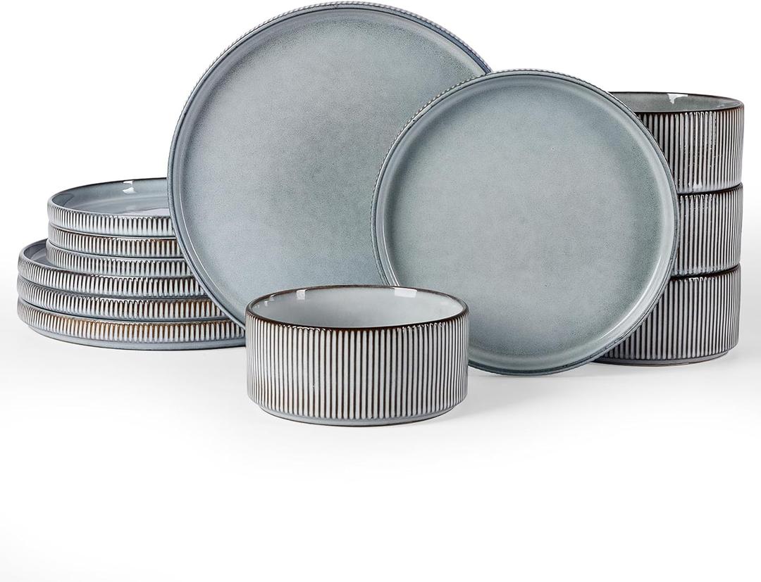 Famiware Star 12-Piece Stoneware Dinnerware Sets, Service for 4 - Handcrafted Reactive Glaze Plates and Bowls, Modern Rustic Dishes, Chip & Scratch Resistant, Microwave & Dishwasher Safe, Smoky Blue