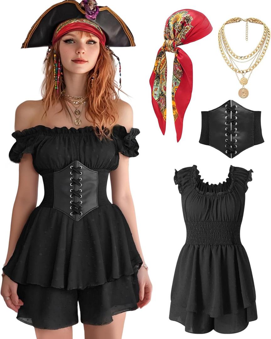 Womens Pirate Costume Dress Pirate Costumes Outfit for Women with Headscarf Corset Accessories 4PCS (Small, Black)