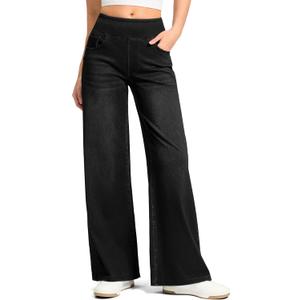 Rammus Wide Leg Jeans Woman High Waisted Pull On Jeans for Women Baggy Straight Leg Jean Stretchy Tummy Control Pants (Black, M)