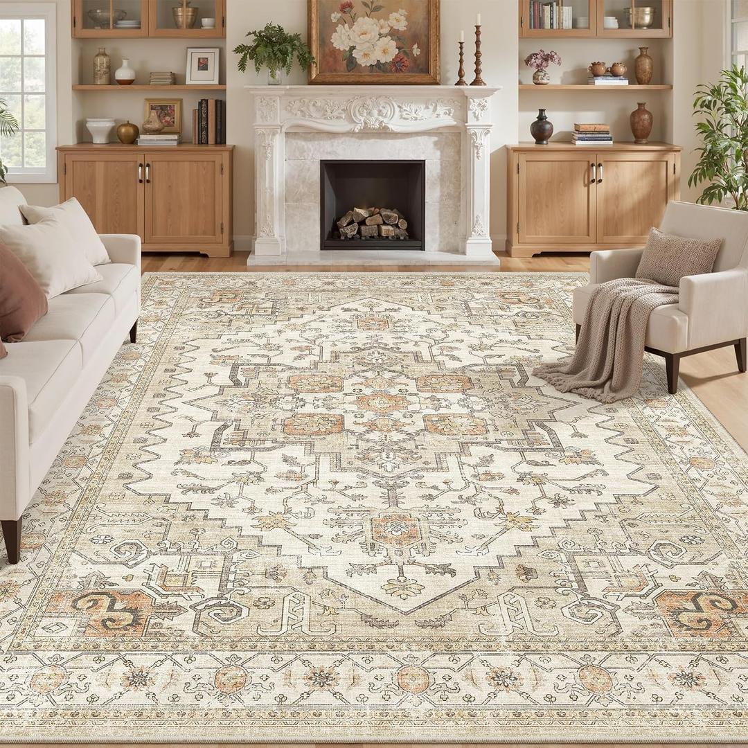 8x10 Washable Area Rug for Living Room,Vintage Soft Carpet Gold