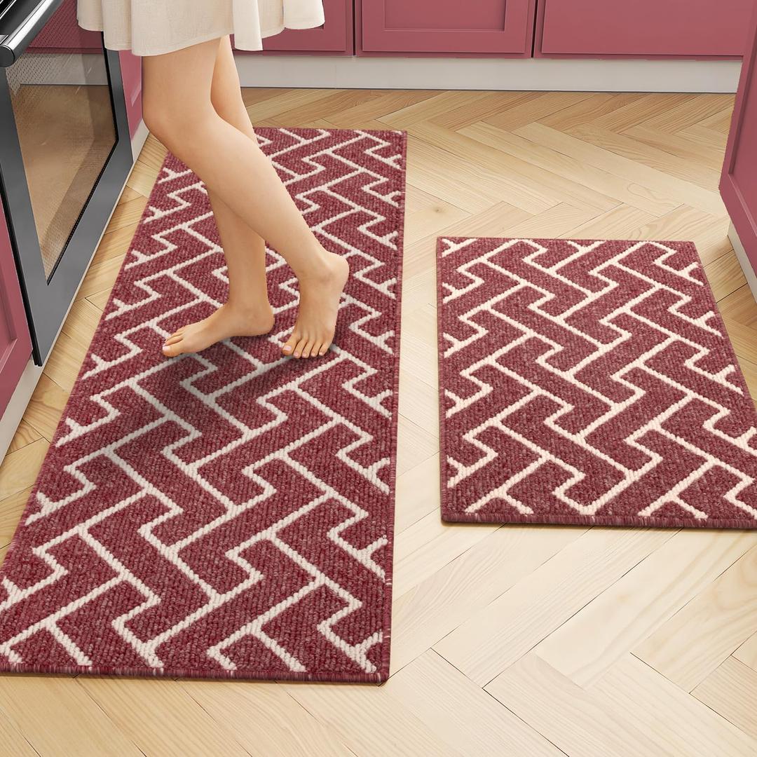 Kitchen Rugs Sets of 2-Colorful Non Slip Kitchen Mats for Floor-Thick,Moroccan Style Kitchen Decor Floor Mat Runner Carpet for Hallways Entryway Laundry Washable(20"x32"+20"x48",Red)