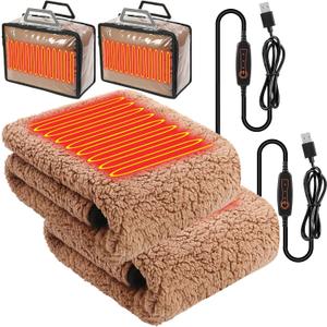 Tuanse 2 Pcs USB Heated Blanket 25"x 35" Heated Car Blanket 5V Portable USB Electric Throw 3 Heat Setting Electric Throw with Timer Temperature Controller for Car Winter Home Office(Khaki,Lambswool)