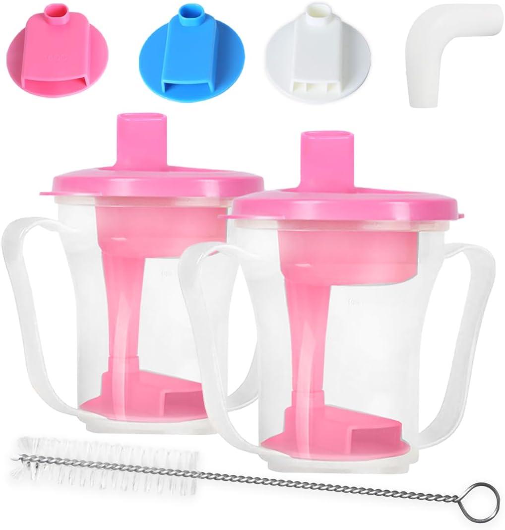 Dysphagia Cup for Adults with 5cc, 10cc & 15cc Flow Control - Choke Proof Drinking Cup with Dual Handles for Elderly, Stroke, Dementia & Parkinson (Pink, Pack of 2 PCS)