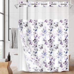 No Hook Purple Watercolor Leaves Flower Shower Curtain with Snap in Fabric Liner, Floral Double Layers Waterproof Fabric with See Through Top Window Open Grommet Bath Curtain 71x74 Inch