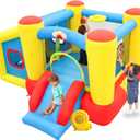 WELLFUNTIME Inflatable Bounce House with Blower, Bouncy Castle & Jumping Castle Slide, Kids Bouncer with Ball Pit, Basketball Rim, Dart Target Game