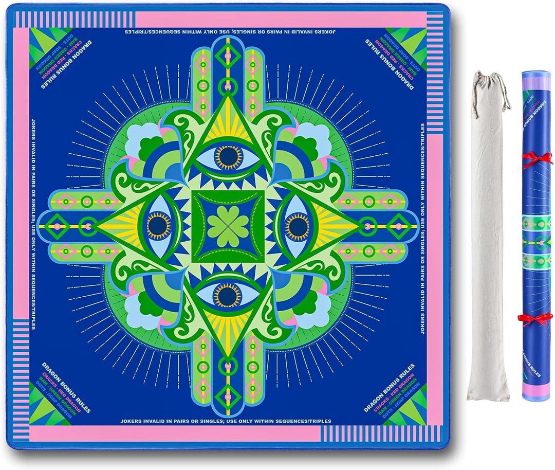 Neoprene Mahjong Mat with Rules (33" x 33"), No Creases American Mahjong Mat, Anti-Slip & Noise Reduction Mahjong Learning Mat, Mahjong Mats Gifts (Lucky Pink Blue)