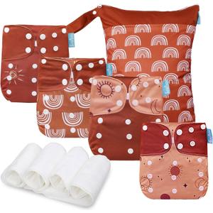 Baby Cloth Diapers Set - 4 Pack with 4 Inserts & 1 Wet Dry Separation Bag, Reusable Infant Toddler Nappy, Adjustable Pocket Diapers for Baby Boys and Girls (6-33 pounds, 0-3 Years) (Style 1)