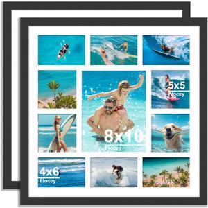 20x20 Collage Picture Frame with Tempered Glass - Photo Frame Collage Fit One 8x10, Four 5x5 and Six 4x6 Photos or Use as One 20x20 Frame, 2 Pack, Black