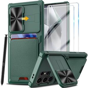 for Samsung Galaxy S24 Ultra Case with Card Holder Slide Camera Lens Protection & Kickstand, Rugged Silicone Military Grade Shockproof Heavy Duty Cover for Samsung S24 Ultra 5G 2024 Phone Case (Green)