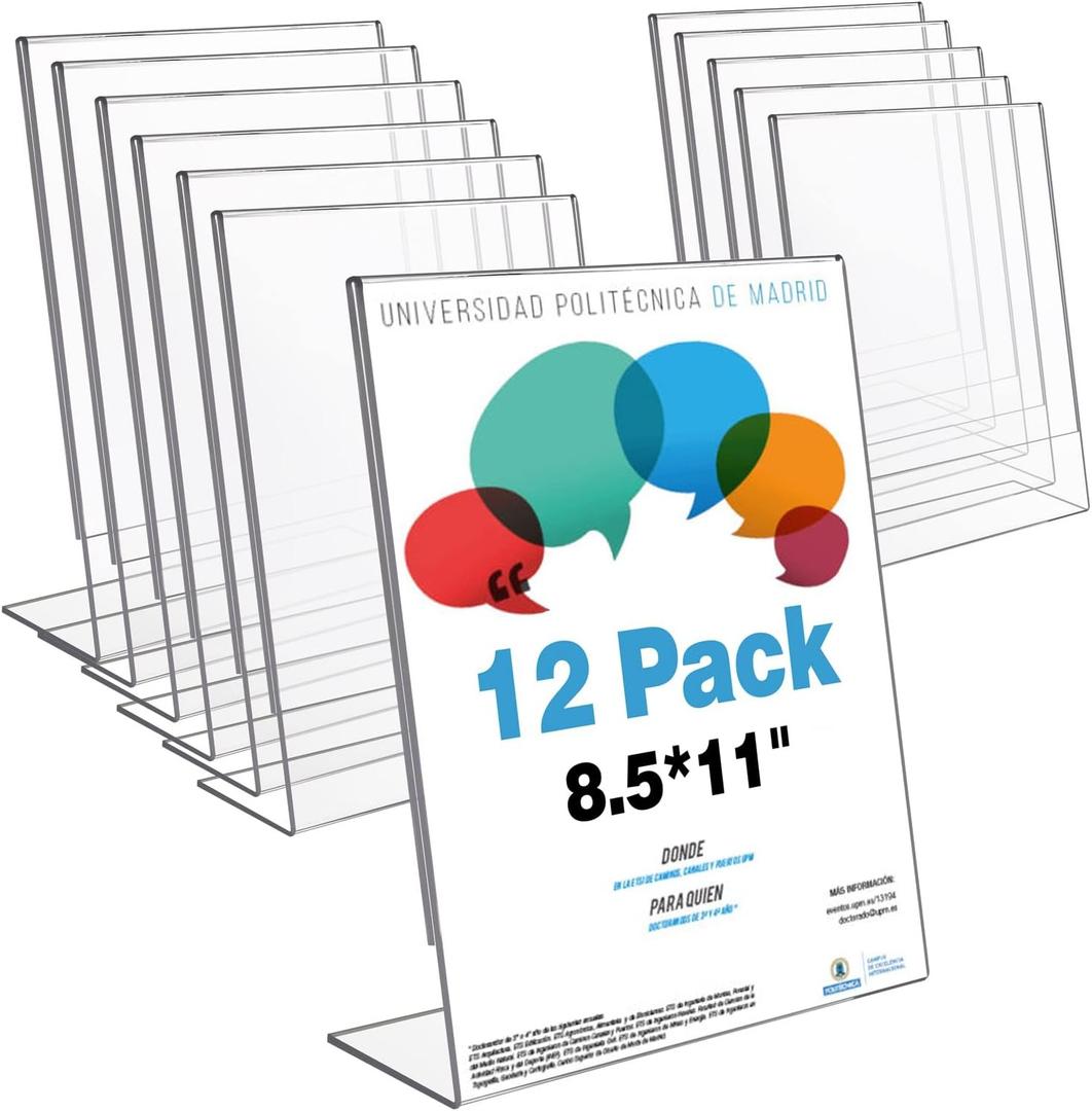 T-SIGN Acrylic Sign Holder 8.5 x 11 Inches, Slant Back Clear Table Top Display Plastic Stand, Double Sided, Display Stand, Acrylic Frame for Store, Homes, Restaurants, Offices - Vertical (Pack of 12)
