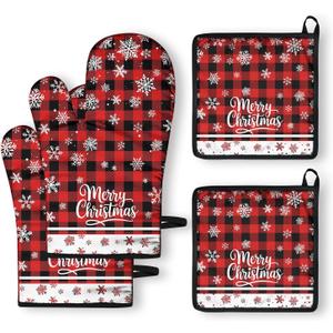 Christmas Oven Mitts and Pot Holders Sets of 2 Snowman Santa Claus Heat Resistant Oven Mitts and Hot Pads for KitchenSoft Cooking Oven Gloves and Grill Baking BBQ Essentials and Accessories (Christmas01)