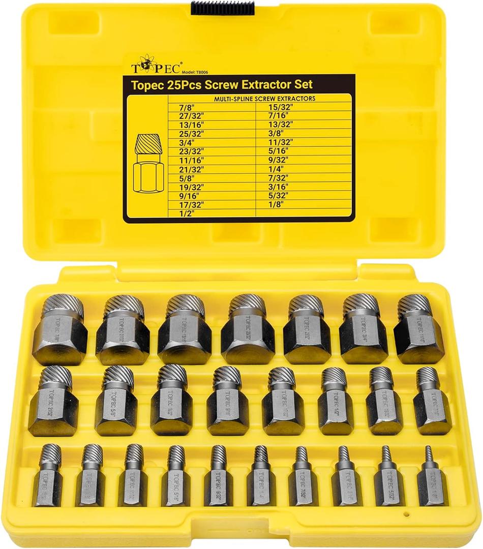 Topec 25Pcs Screw Extractor Set, Hex Head Multi-Spline Easy Out Bolt Extractor Set, Premium CR-MO Steel Rounded Bolt Remover