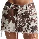 Floerns Women's Y2k Mini Denim Skirt Cow Print Low Waist Raw Hem Western Jean Skirt (Medium, Brown and White)