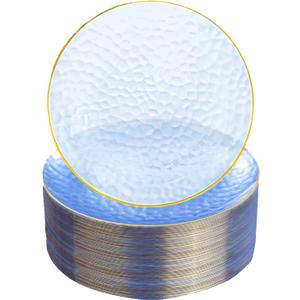Rubtlamp 100 Pcs Clear Blue Gold Plastic Plates, Clear Hammered Plastic Plates, Blue Party Platos, Disposable Salad/Dessert Platos, 7-Inch Disposable Dessert/Appetizer Platos Perfect For Party