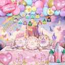 Party Spot! 208 PCS Princess Birthday Party Decorations For Girl, 12 Tableware Sets, Castle Balloons, Balloon Arch, Disposable Paper Plates, Backdrop, Balloon Pump, Princess Party Decorations