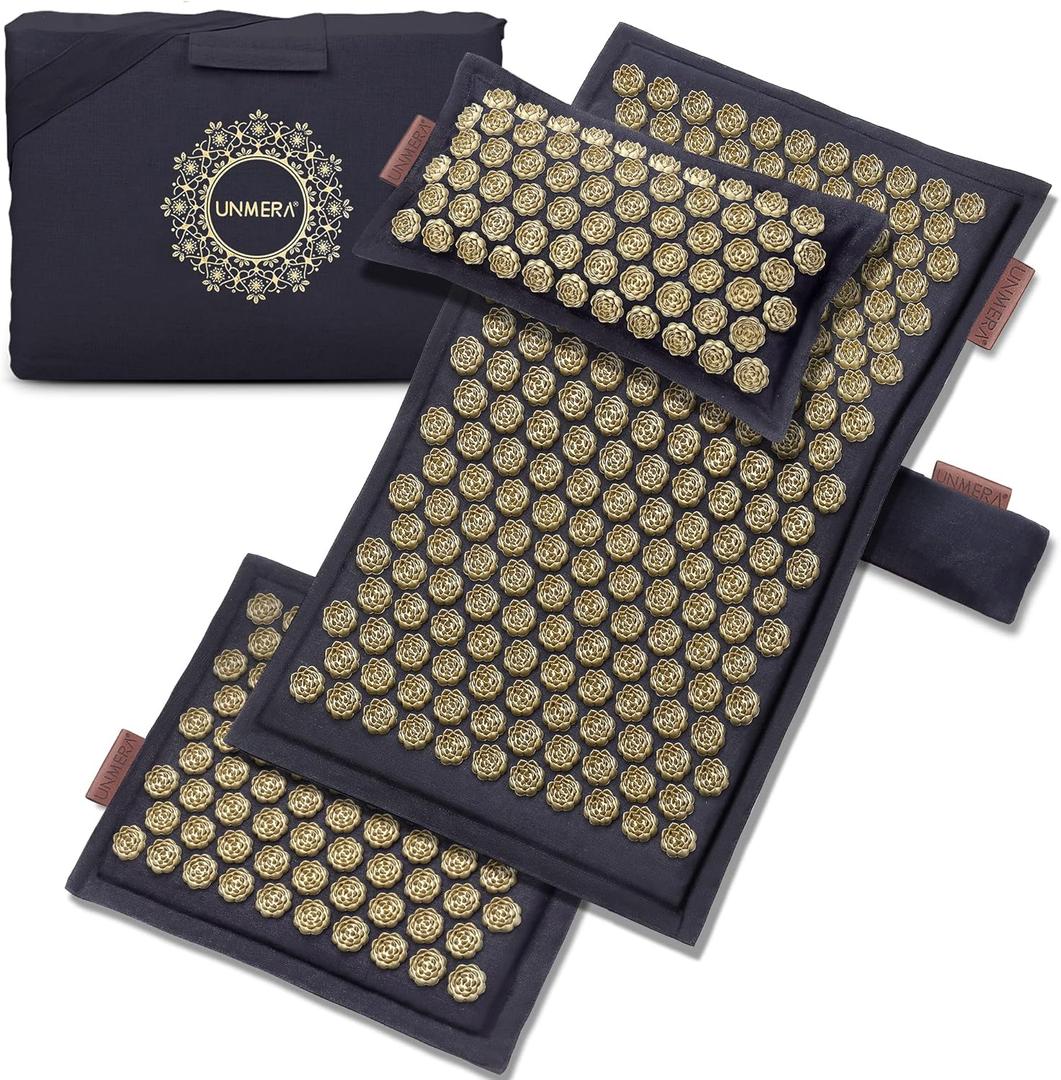 UNMERA Acupressure Mat and Pillow Set,Natural Premium Linen & Coconut Fiber Filling,for Back/Neck Pain Relief, Sciatic, Headache and Muscle Relaxation, Comes with Carrying Bag (Xl-5- Piece Set- Golden Black)