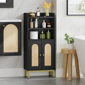 Hzuaneri Bathroom Storage Cabinet, Small Floor Cabinet with 2 Door and Shelves, Toilet Paper Cabinets, Bathroom Organizer with Adjustable Shelf, for Small Spaces Rattan Black 7.1" Dx14.6 Wx32.7 H