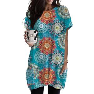 Poetsky Summer Womens Tunic Tops for Leggings with Pockets Short Sleeve Casual Long T Shirts S-3XL (Blue, M)